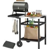 Outsunny BBQ Trolley with Stainless Steel Top and Foldable Side Table, Outdoor Kitchen BBQ Station with Hooks and Shelf, Pizza Oven Table Movable Outdoor Grill Dining Cart with Cover, Black
