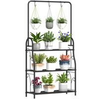 Outsunny 3 Tier Plant Stand w/ Hanging Hooks for Balcony Living Room, Black