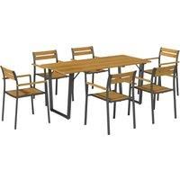 Outsunny 7 Piece Garden Dining Set, Fir Wood Garden Furniture Set with Rectangle Table and 6 Stackable Chairs, Umbrella Hole, Slatted Top and Steel Frame, for Patio Balcony Porch, Brown