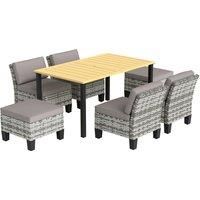 Outsunny 7-Piece Rattan Garden Dining Set, 6 Seater Wicker Garden Furniture Set with Seat and Back Cushions, Umbrella Hole, Patio Table and Chairs with Slatted Metal Top Table for Balcony, Grey