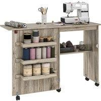 Folding Sewing Table Drop Leaf Craft Table with Storage Shelf and Wheels Grey