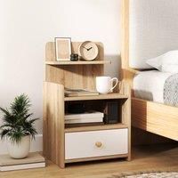 HOMCOM Multi-Storage Bedside Table with Drawer - Natural Wood Effect and White, White