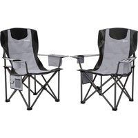 Outsunny Set of 2 Folding Camping Chairs, Padded Camping Chairs with Adjustable Armrests, Portable & Lightweight Folding Camp Chair with Cooler Bag, Cup Holder and Side Pockets, Grey