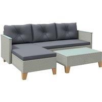 Outsunny 3 Pieces Rattan Garden Furniture Set, L Shaped Garden Conversation Chaise Lounge Furniture with Wood Top Coffee Table and Thick Cushions, Charcoal Grey