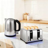 HOMCOM 4 Slice Wide Slot Toaster & 1.7L Rapid Boil Kettle Set, Silver Tone | Size: 2 Pack