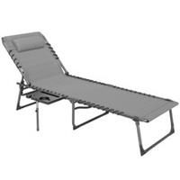 Outsunny Folding Sun Lounger with 5-Level Reclining Back, Side Table, Grey