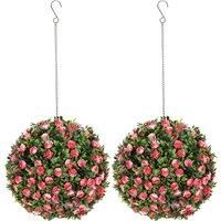 HOMCOM Set of 2 Decorative Artificial Plants, UV-protected Artificial Plant Topiary Rose Balls, Fake Plants for Home Indoor outdoor Decor, 28cm, Pink