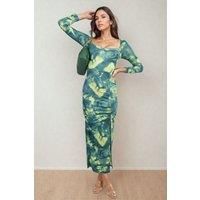 Priscilla Printed Long Sleeve Cross-tied Back Midi Dress