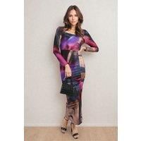 Hana Abstract Printed Long Sleeve Ruched Side Slit Midi Dress