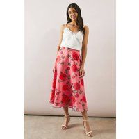 Womens Rose Print Organza Midi Skirt