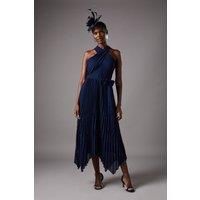 Pleated Halter Neck Lace Insert Midi Dress