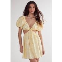Broderie Cut Out Tie Front Puff Sleeve Skater Dress