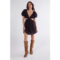 Broderie Cut Out Tie Front Puff Sleeve Skater Dress