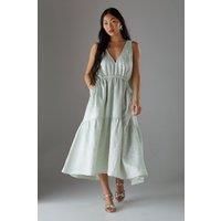 Petite Jacquard Plunge Tie Pocket Midi Dress