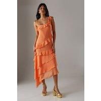 Chiffon Asymmetric Hem Ruffle Midi Slip Dress