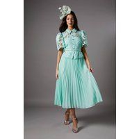 Lace Top Pleat Skirt Jewel Button Dress