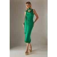 Satin Jacquard Cowl Scarf Neck Fringe Midi Slip Dress