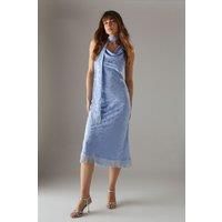 Satin Jacquard Cowl Scarf Neck Fringe Midi Slip Dress