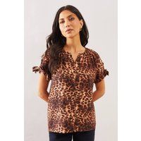 Womens Leopard Tie Sleeve Collarless Top