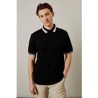 Mens Black Jacquard Collar Button Polo Shirt - L