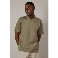 Mens Washed Khaki Pique Textured Zip Neck Polo Shirt - Light Khaki - L