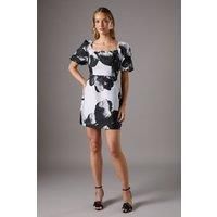 Floral Jacquard Mini Puff Sleeve Dress
