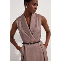 Premium Viscose Linen Tailored Belted Wide Leg Jumpsuit