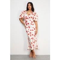 Satin Pleat Volume Sleeve Plunge Bias Midi Dress