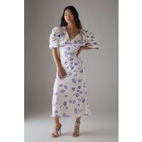Petite Satin Pleat Volume Sleeve Plunge Bias Midi Dress