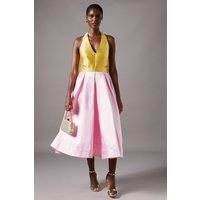 Halterneck Twill Pleated Midi Dress