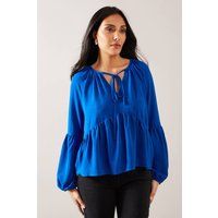 Womens Petite Woven Tie Neck Smock Top