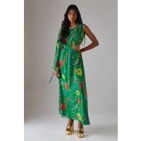 Chiffon One Shoulder Balloon Sleeve Cut Out Midi Dress