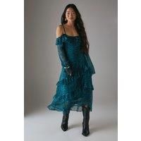 Petite Chiffon Ruffle Cold Shoulder Midi Dress