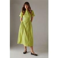 Seersucker Organza Godet Side Puff Sleeve Midi Dress