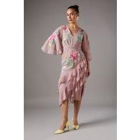 Embroidered Midi Dress With Ruffles