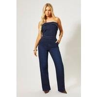 Fold Over Bandeau Denim Jumpsuit