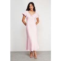 Satin Lace Insert Puff Sleeve Midi Tea Dress