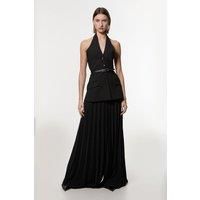 Compact Stretch Halter Neck Pleated Wide Leg Jumpsuit