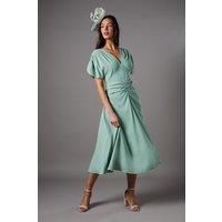 Ruched Sleeve V Neck Midi Dress