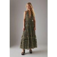 Tulle Halter Shirred Waist Tier Maxi Dress