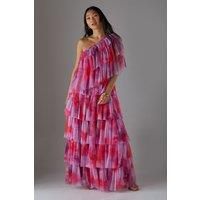 Petite Tulle Asymmetric Tier One Shoulder Midi Dress