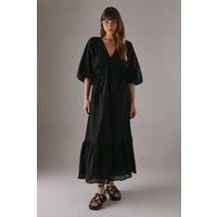 Broderie Plunge Neck Volume Sleeve Smock Midi Dress