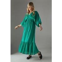 Broderie Plunge Neck Volume Sleeve Smock Midi Dress