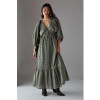 Petite Broderie Plunge Neck Volume Sleeve Smock Midi Dress