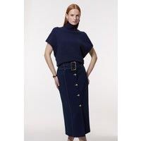 Compact Stretch Tailored Belted Pencil Midi Skirt
