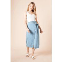 Womens Wrap Front Denim Midi Skirt