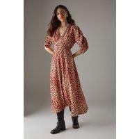 Viscose Leopard V Neck Puff Sleeve Midi