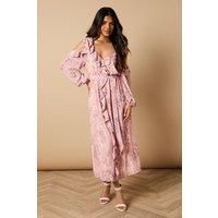 Petite Printed V Neck Cold Shoulder Belt Detail Midi Dress