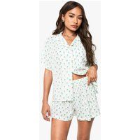 Womens Palm Tree Print Seersucker Short Sleeve Shirt & Shorts Pyjama Set