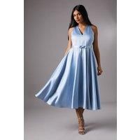 Petite V Neck Sleeveless Bow Detail Twill Midi Dress